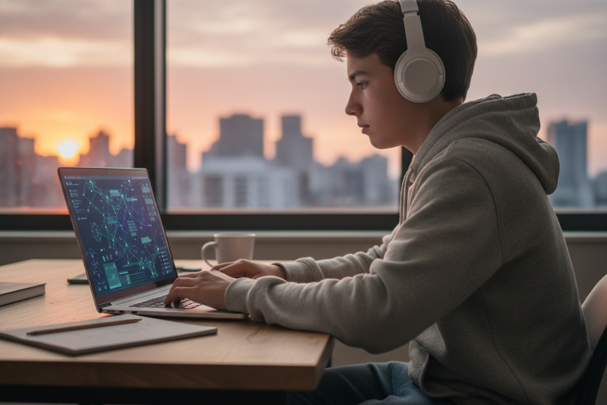 Підліток працює за ноутбуком та користується онлайн-платформою