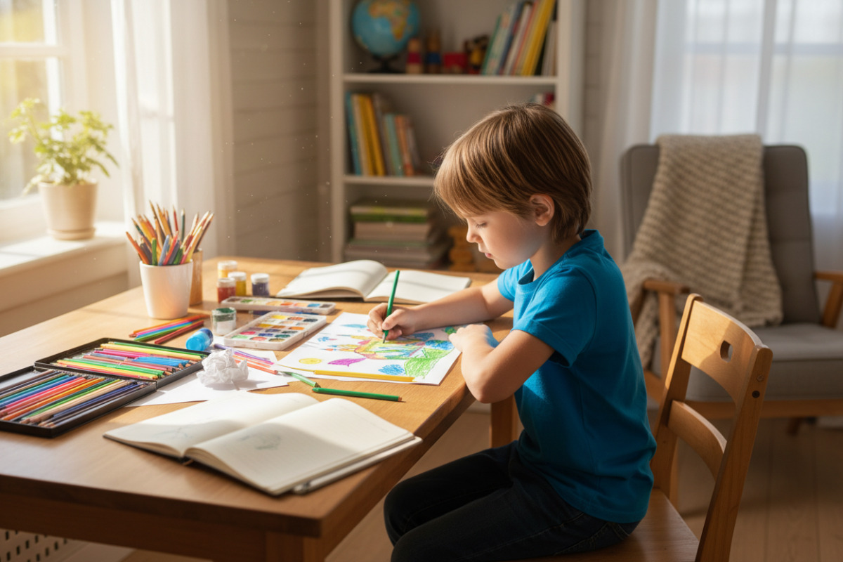 Школяр малює за столом удома