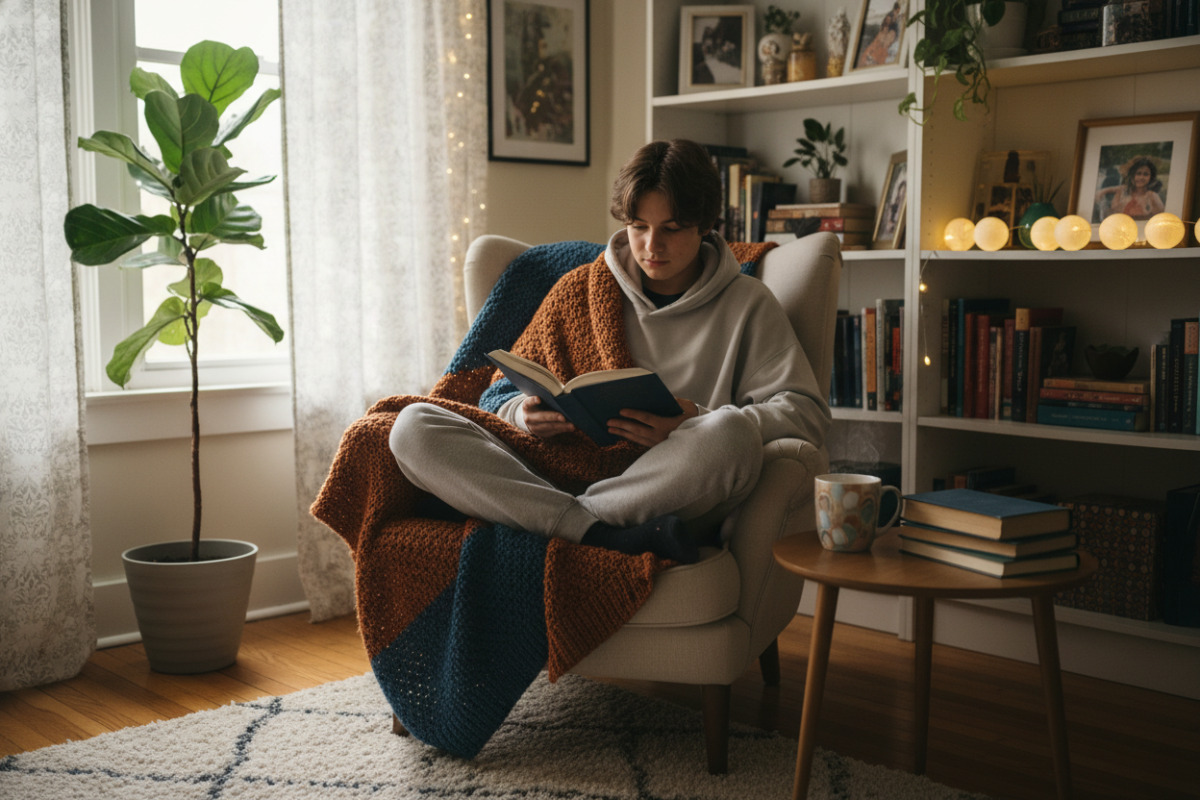 Підліток читає книгу в затишній кімнаті