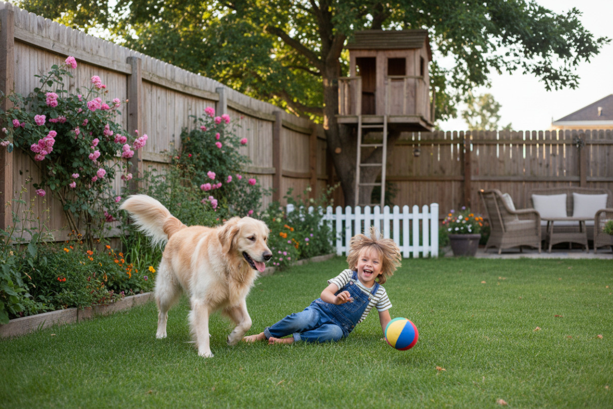 Дитина грається з собакою у дворі