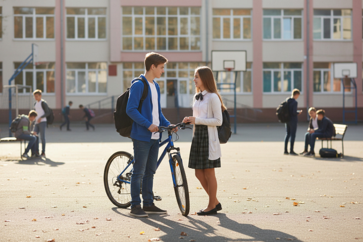 Двоє школярів спілкуються на шкільному подвір’ї