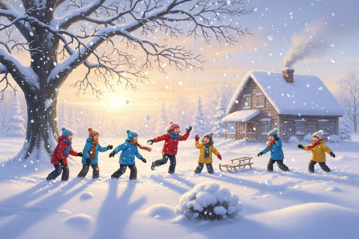 Діти грають у сніжки на зимовому подвір'ї