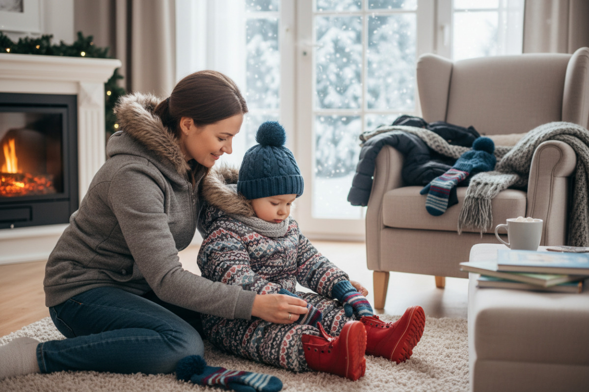 Мама одягає дитину у теплий зимовий одяг перед прогулянкою