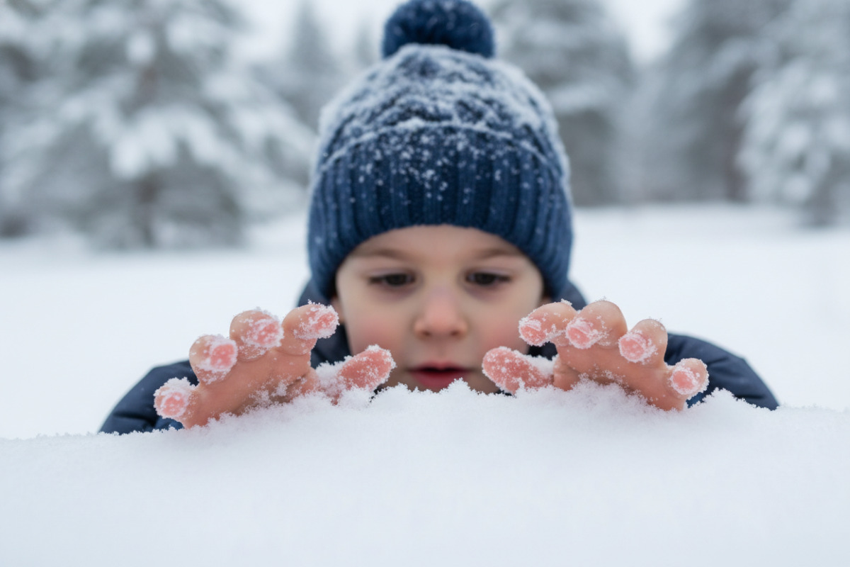 Дитина торкається снігу руками і розглядає його структуру