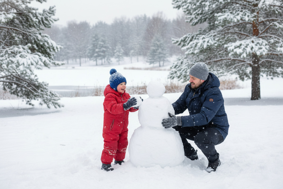 Дитина ліпить зі снігу сніговика разом з батьком