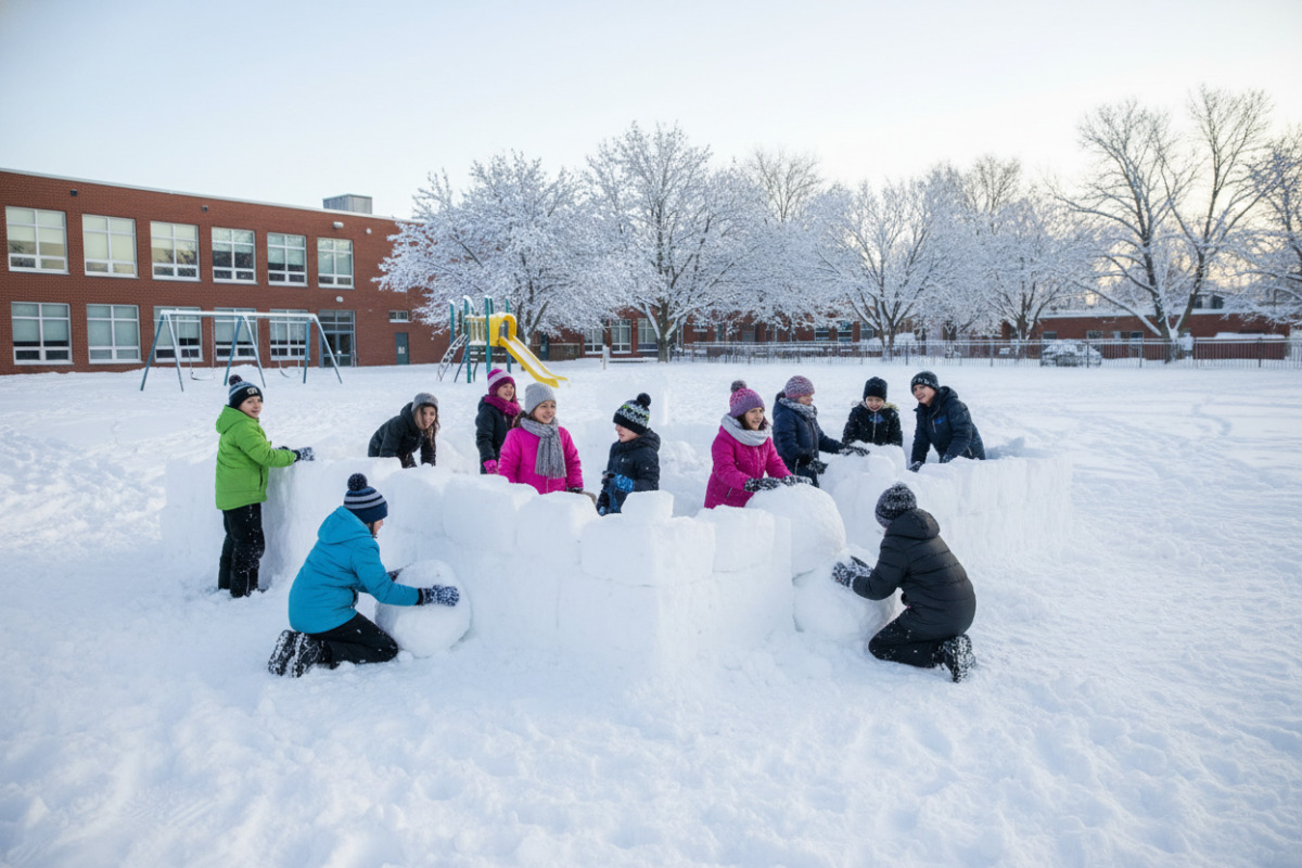 Діти разом будують снігову фортецю на шкільному подвір'ї
