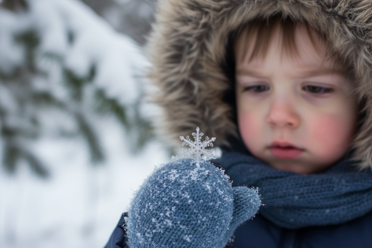 Дитина уважно розглядає сніжинку на рукавичці