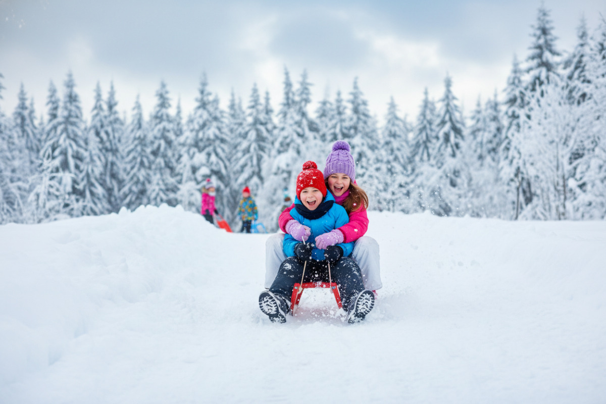 Двоє дітей катаються на санчатах зі сніжної гірки