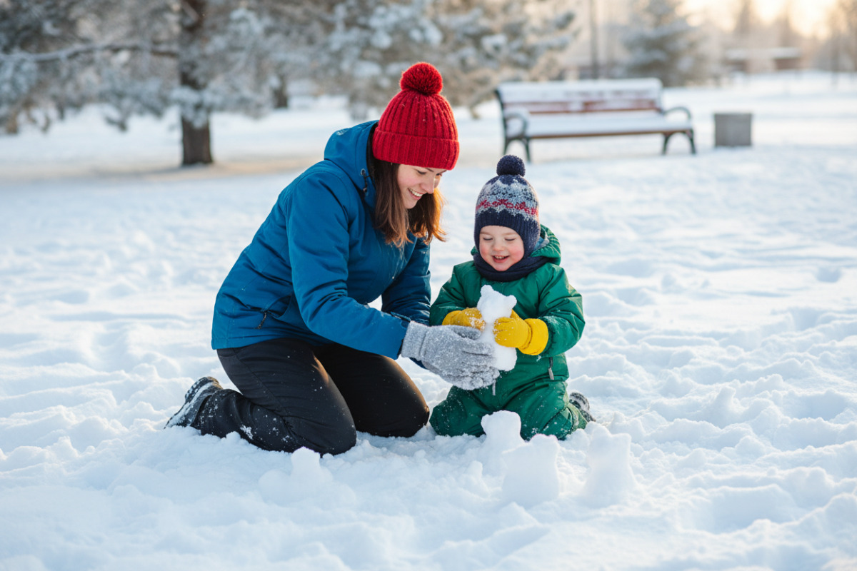 Мама з дитиною ліплять зі снігу невеликі фігурки