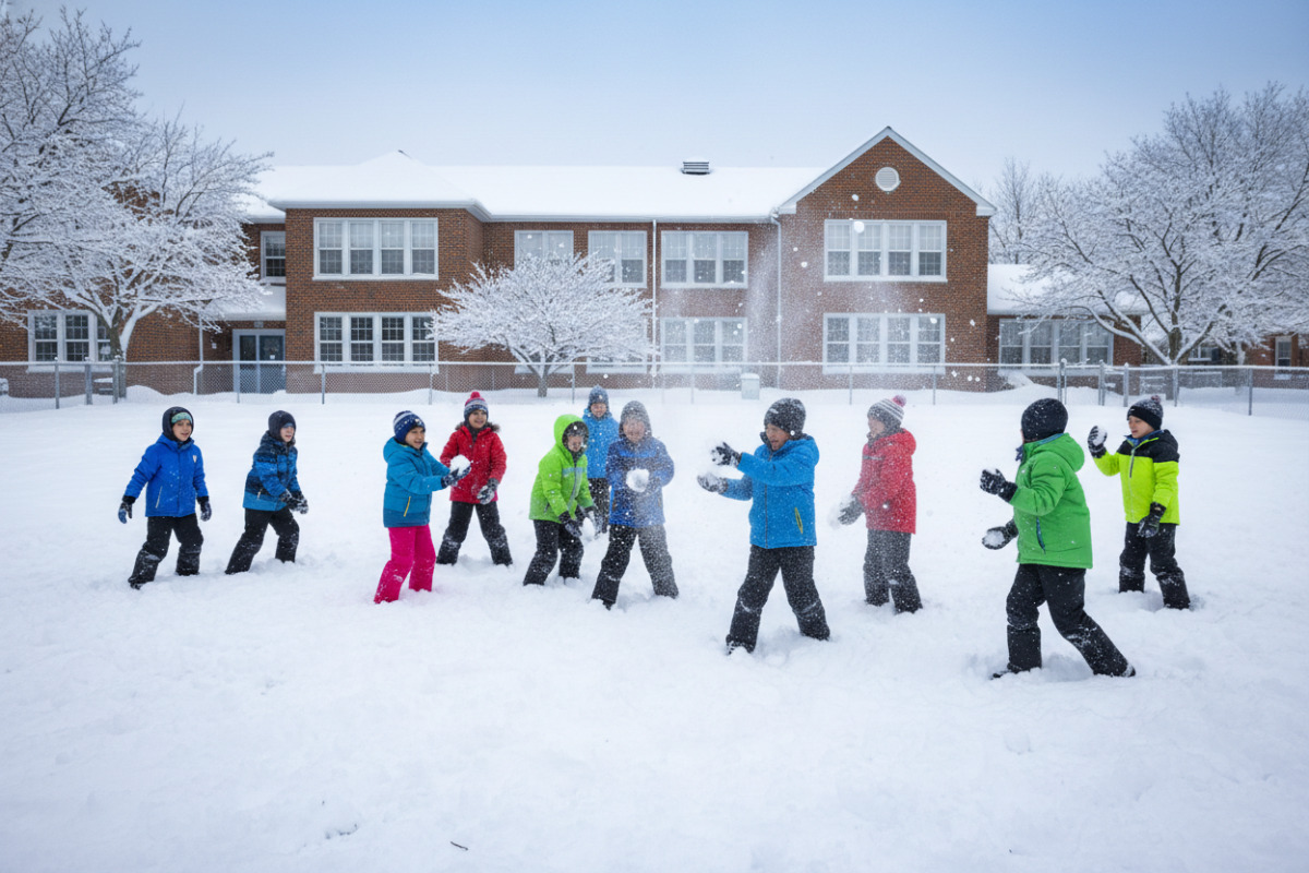 Група дітей грає у сніжки на шкільному дворі