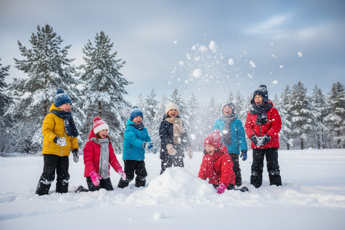 Група дітей разом грає в сніжки і сміється