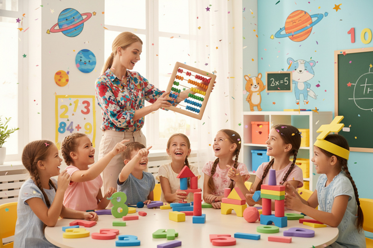 Учитель пояснює математику дітям у веселій ігровій формі