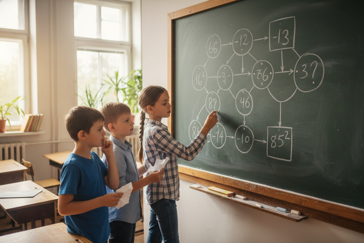 Діти розгадують математичну головоломку на дошці в класі