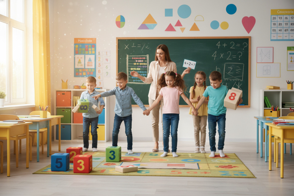 Діти грають у рухливу математичну гру з учителем у класі