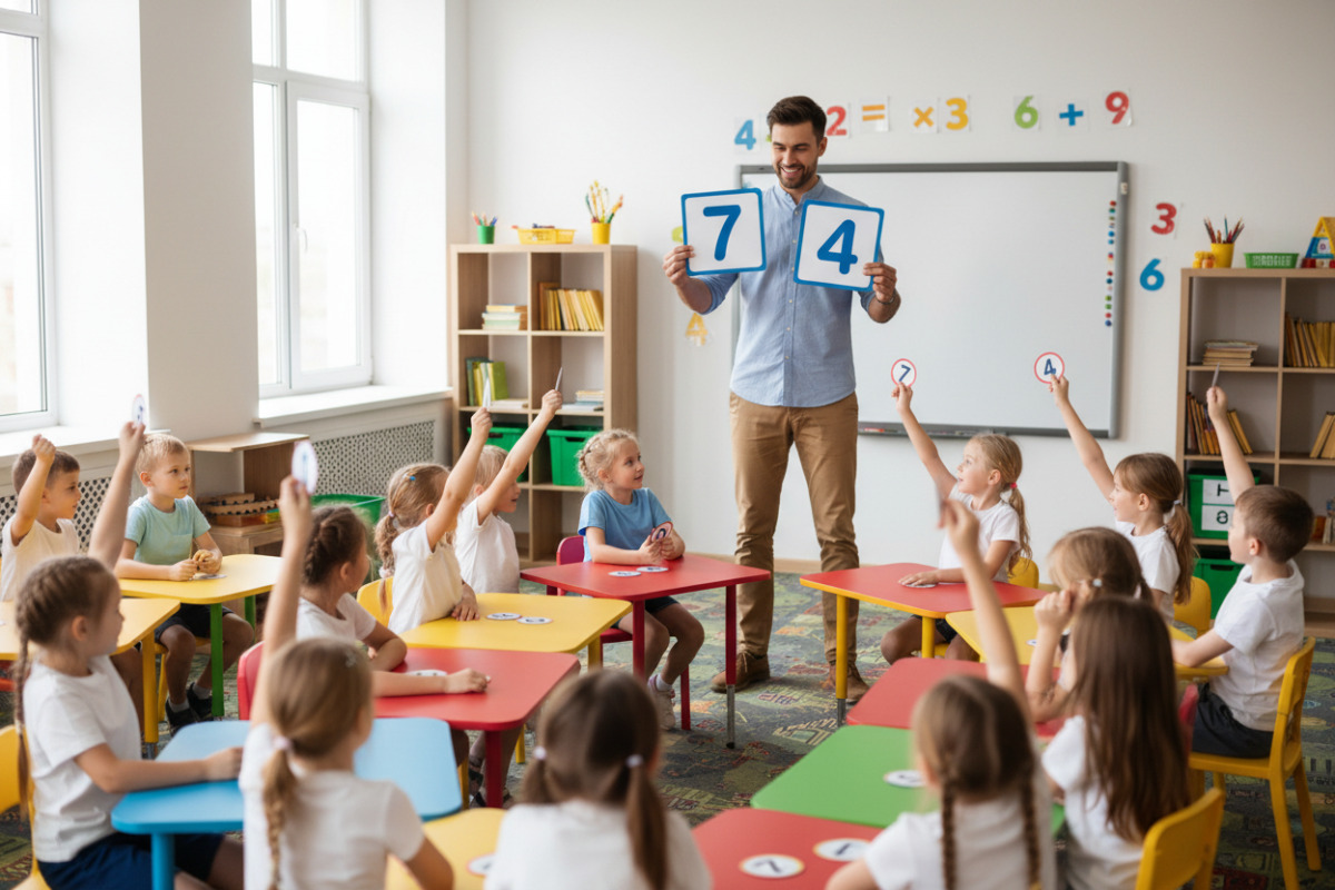 Учитель проводить гру з картками чисел на уроці