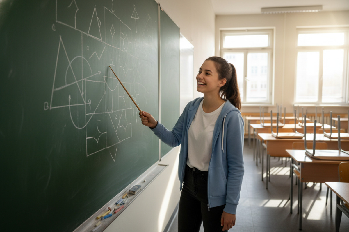 Учениця біля дошки пояснює розв’язання головоломки