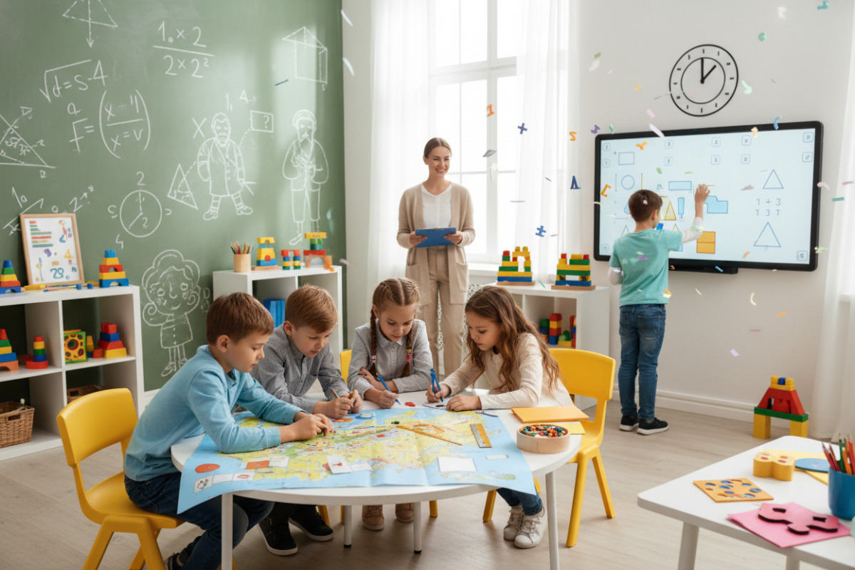 Група школярів бере участь у математичному квесті в класі