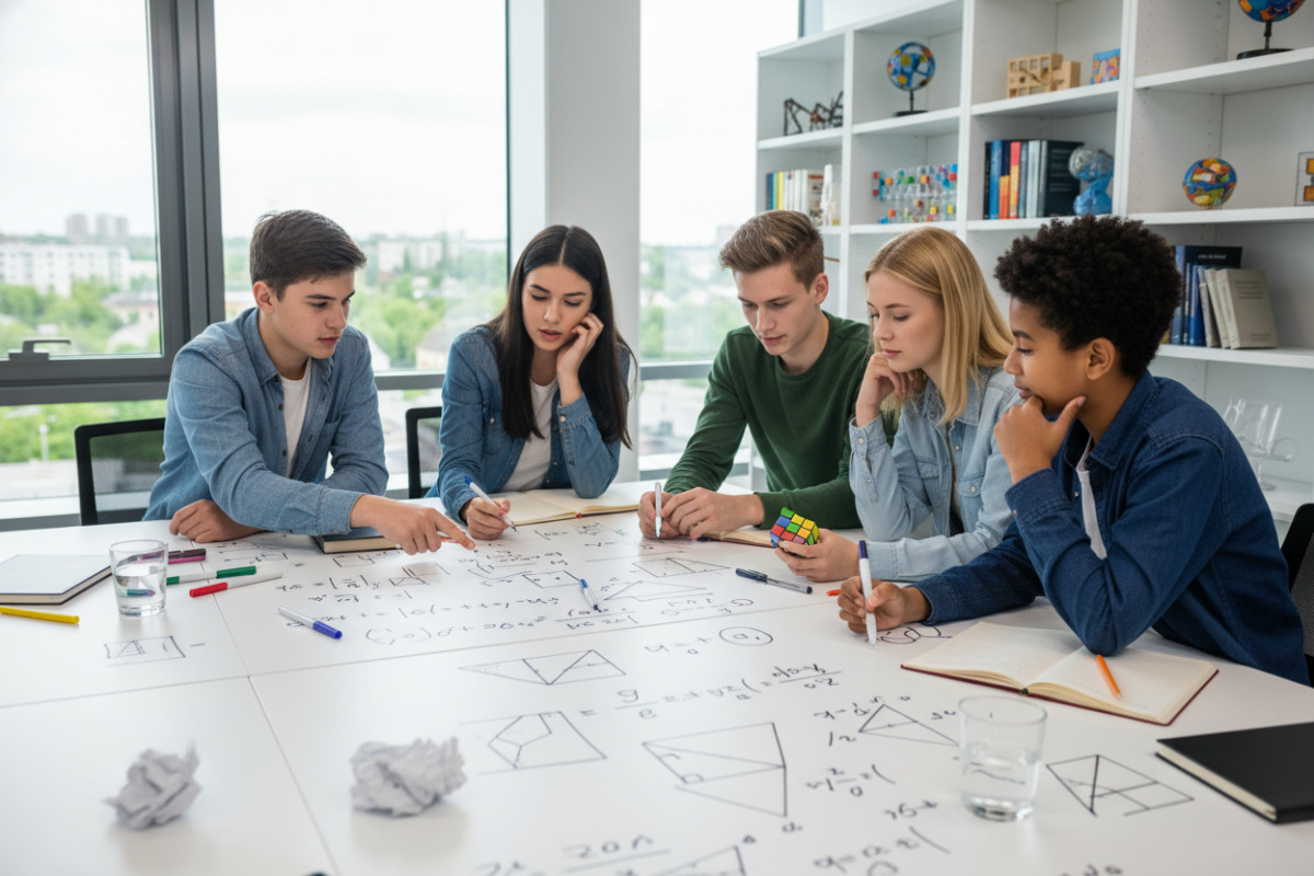 Підлітки працюють у групі над нестандартними математичними задачами