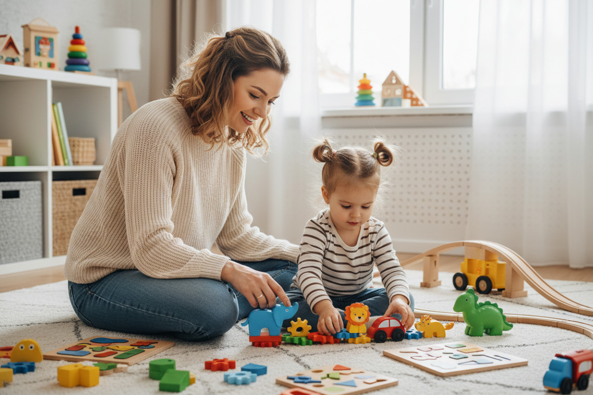 Мама з донькою складають послідовність з іграшок
