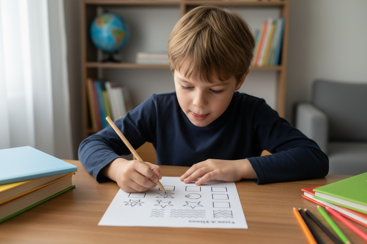 Хлопчик заповнює друковане завдання з послідовностями