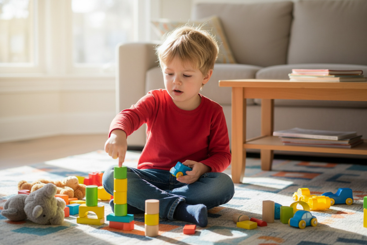 Дитина рахує іграшки на килимі вдома