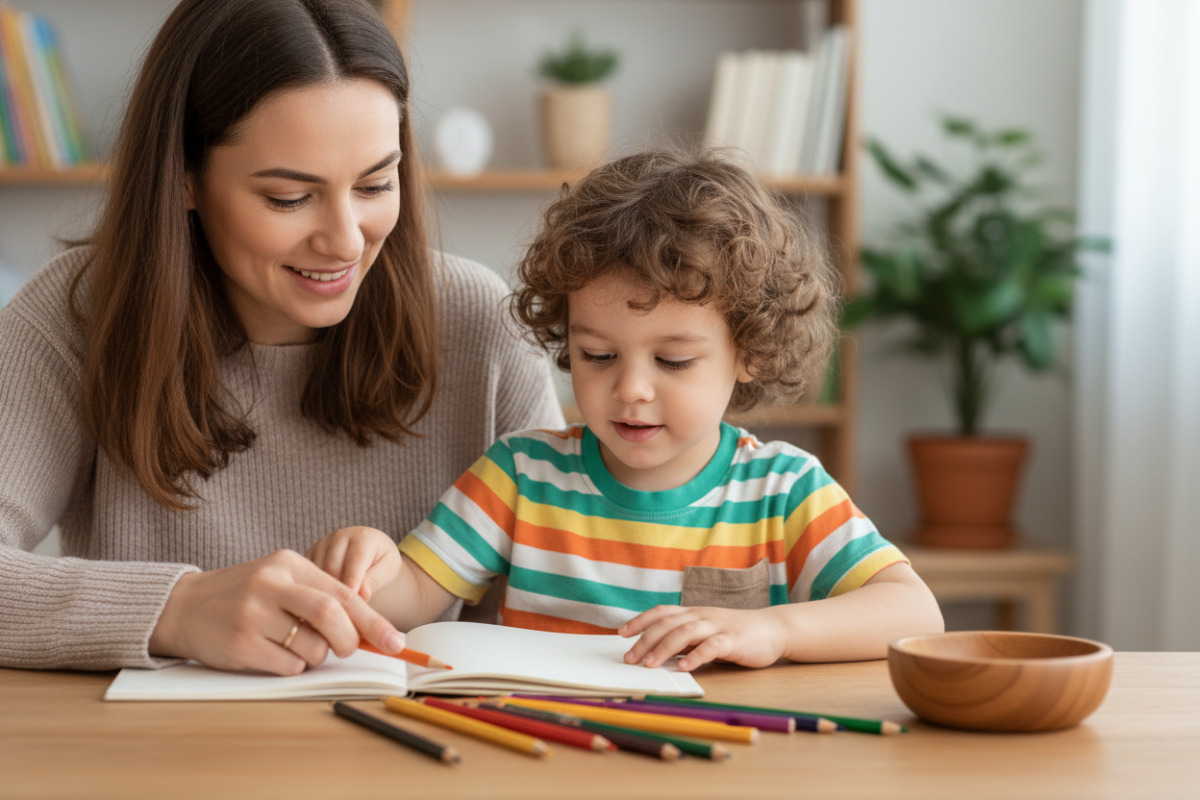 Мама допомагає дошкільнику рахувати олівці за столом