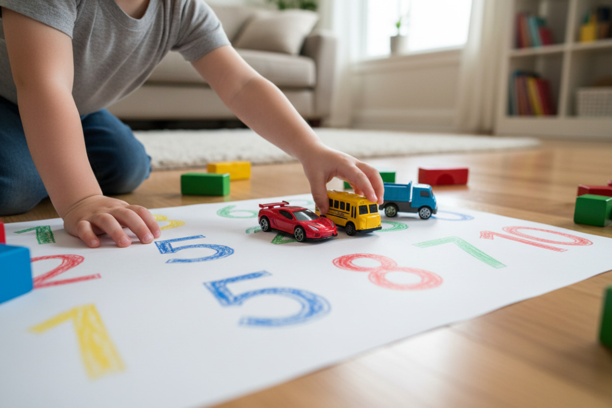 Дитина ставить іграшкові машинки на папір з намальованими числами