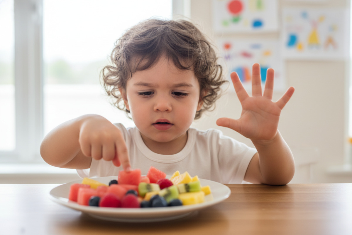 Дитина рахує шматочки фруктів на тарілці