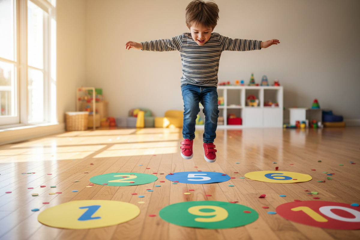 Дитина стрибає по аркушах з цифрами на підлозі
