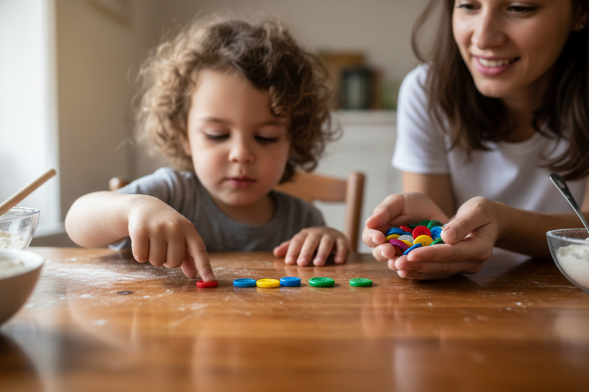 Дитина рахує ґудзики на столі під час гри з мамою