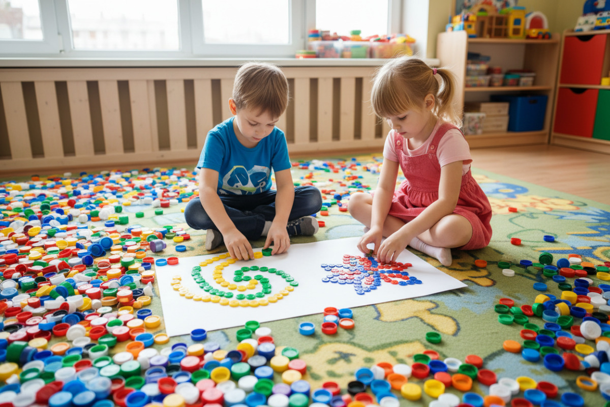 Двоє дітей викладають візерунок з кольорових кришечок