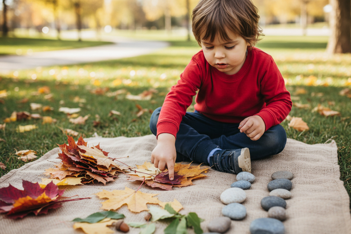 Дитина рахує листя та камінці, зібрані в парку