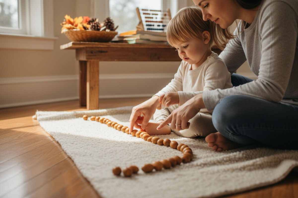 Мама та дитина викладають ряд із жолудів для лічби