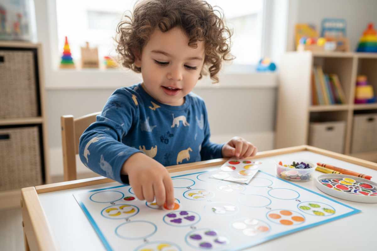 Дитина клеїть наклейки з фруктами, виконуючи лічильне завдання