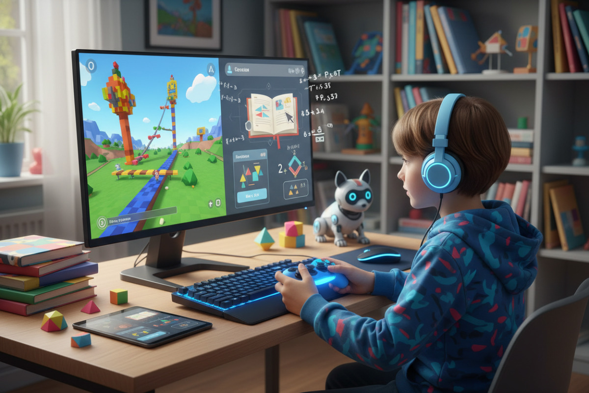 Дитина за комп’ютером грає в Roblox і навчається