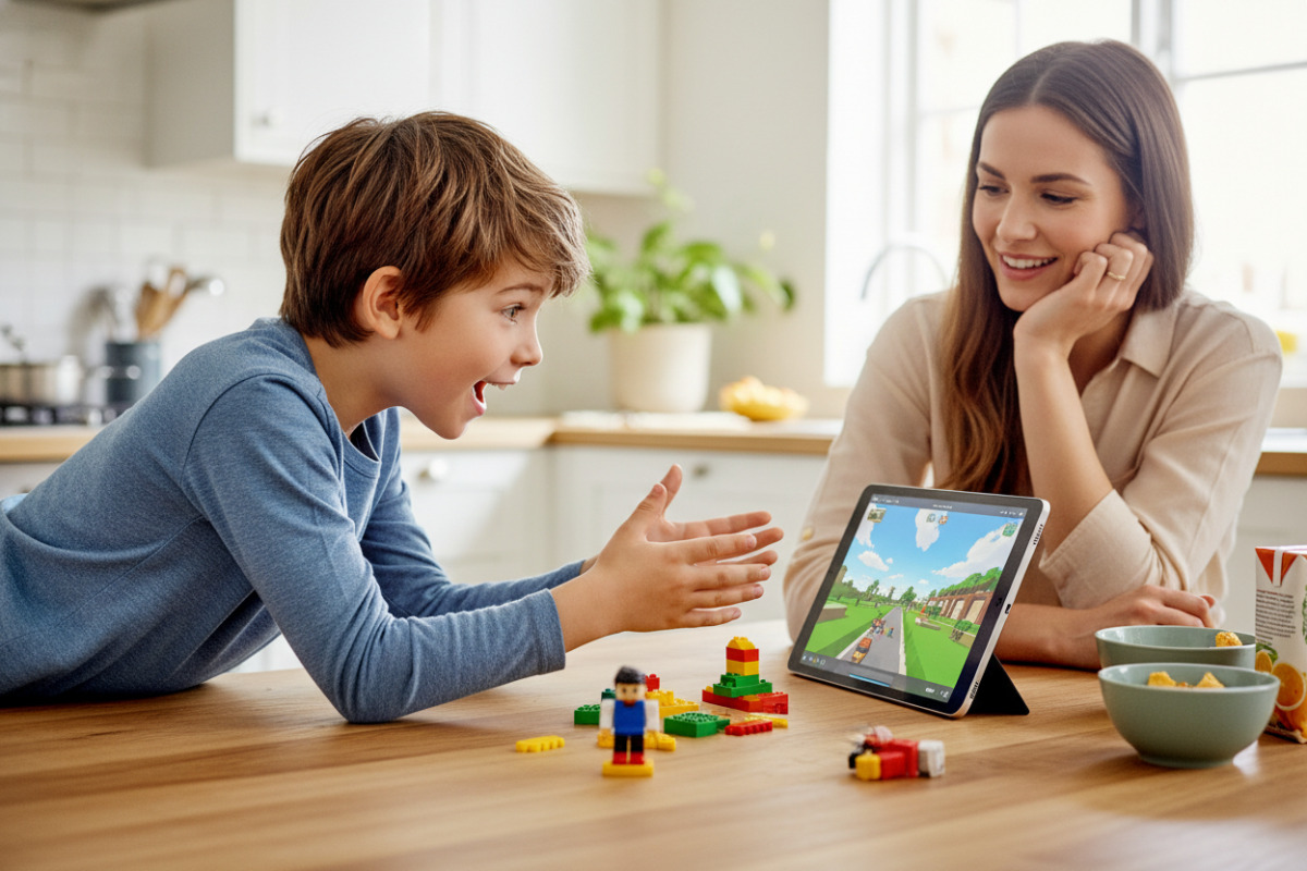 Хлопчик обговорює з мамою стратегію гри Roblox