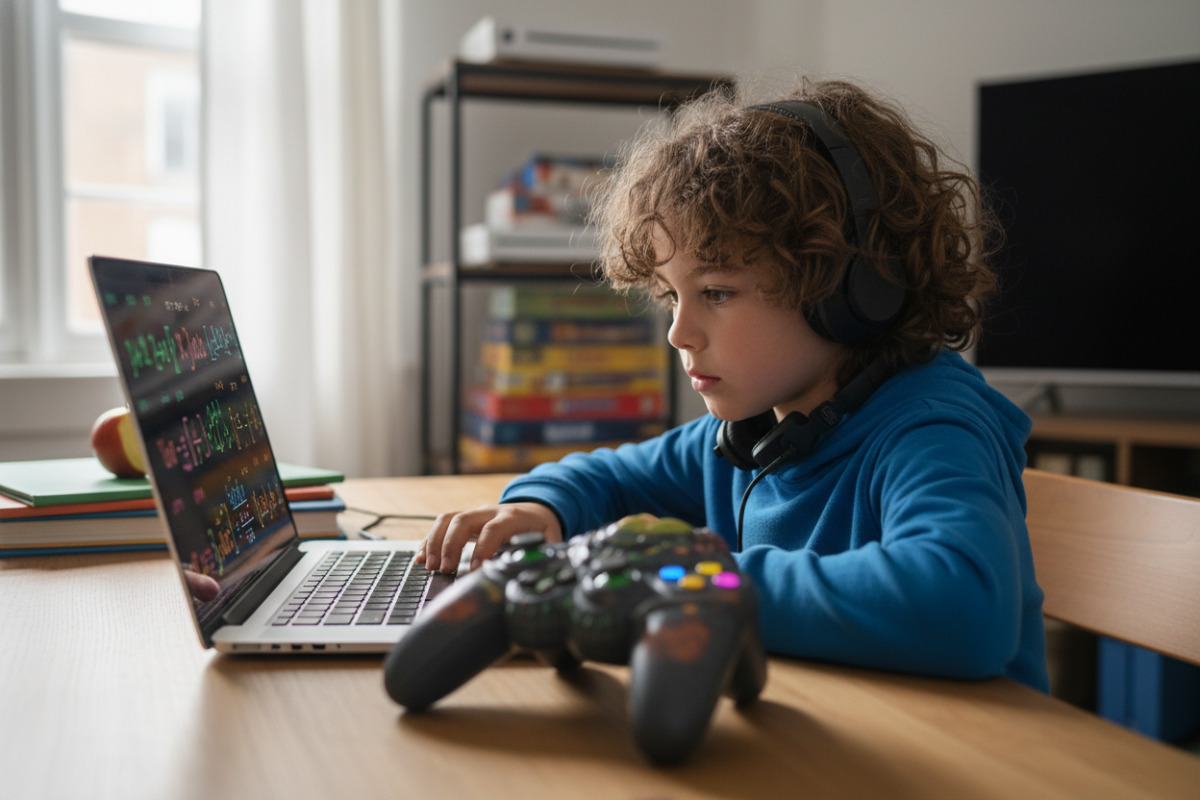 Дитина виконує математичні завдання на ноутбуці перед грою