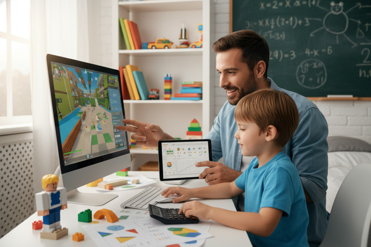 Батько допомагає дитині застосувати знання з математики до гри Roblox