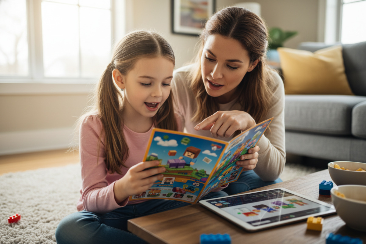 Дівчинка читає інструкції до гри Roblox уголос разом із мамою