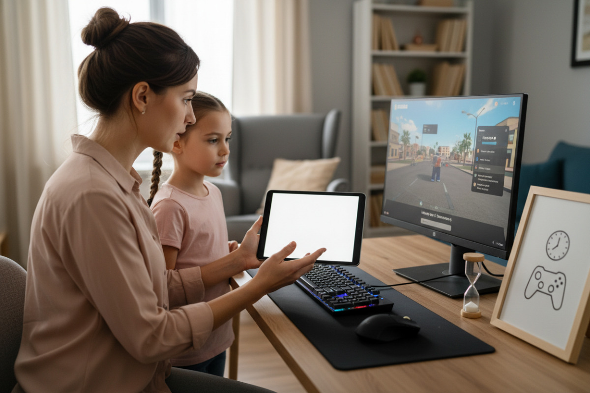 Мама встановлює правила використання комп’ютера для гри Roblox