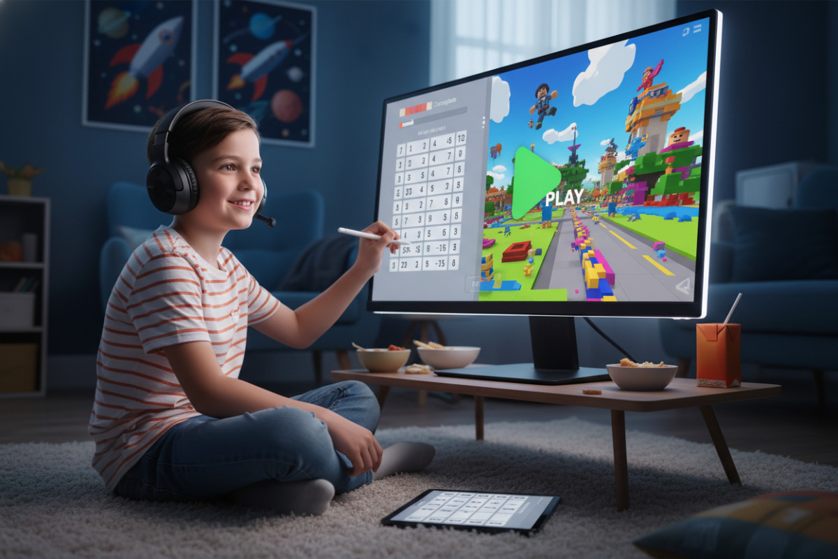 Дитина виконує онлайн-вправи з математики перед грою Roblox