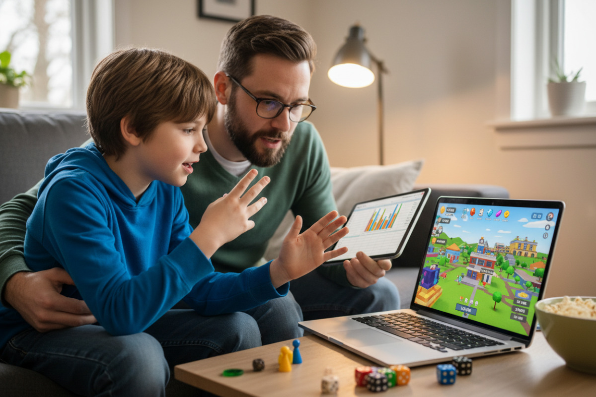 Хлопчик обговорює із татом стратегію в Roblox та рахує ресурси