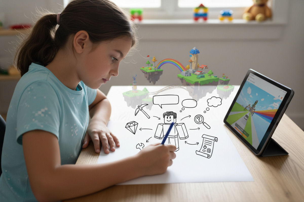 Дівчинка записує на аркуші паперу ідеї та задачі з гри Roblox