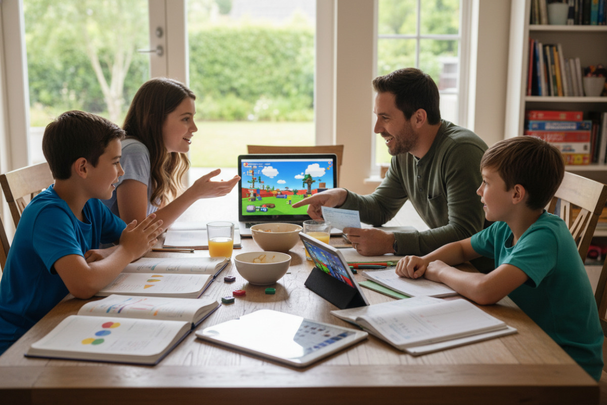 Сім’я разом обговорює результати навчання і гру Roblox за столом
