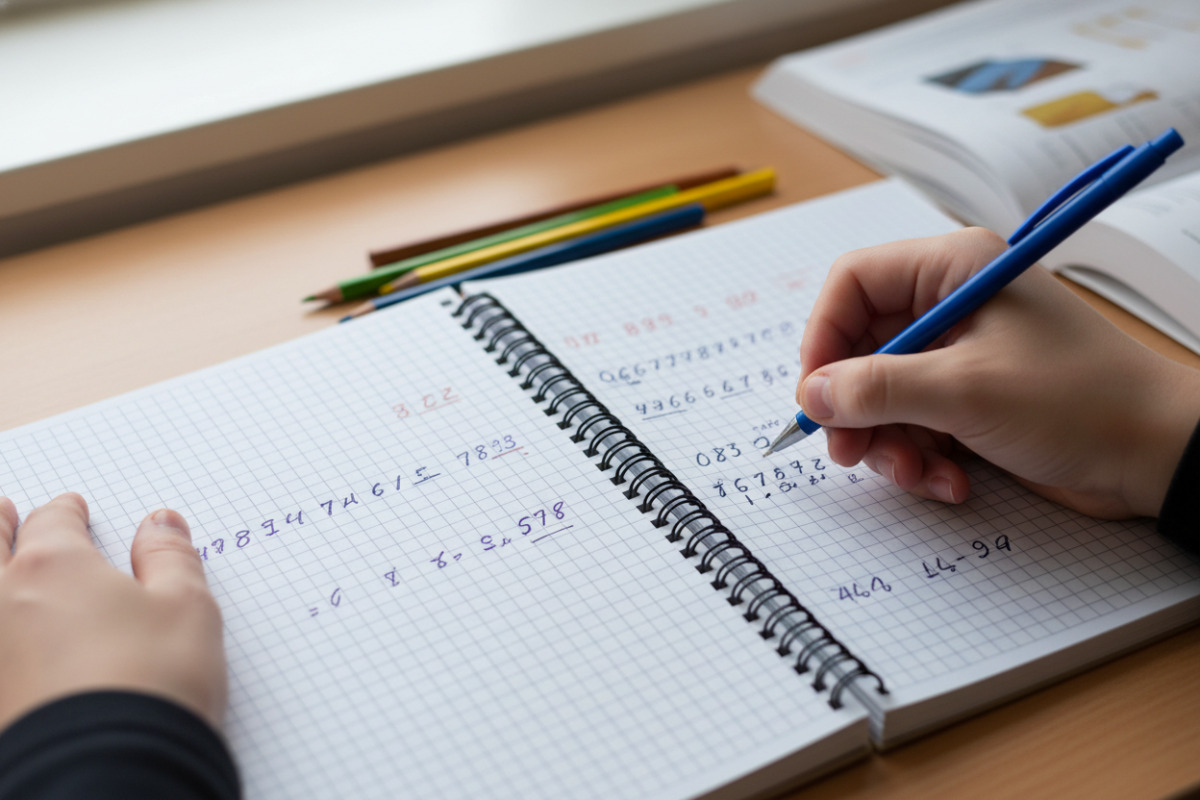 Учень відмінює числівники у зошиті