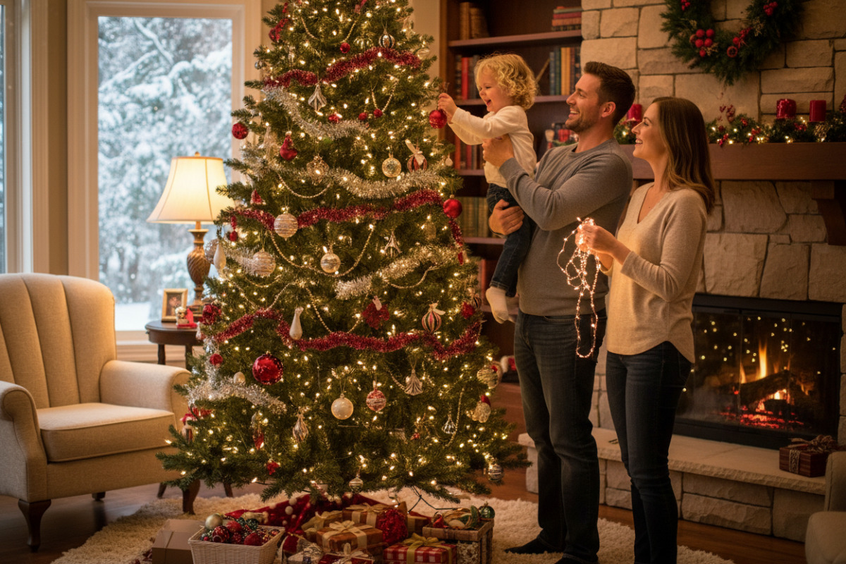 Сім’я прикрашає ялинку разом із дитиною