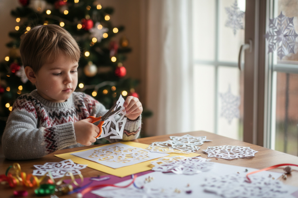 Дитина вирізає паперові сніжинки для декору