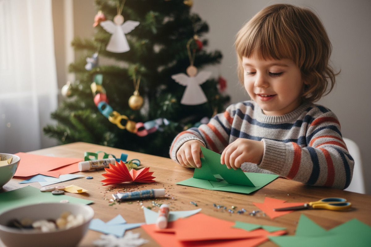 Дитина робить паперові прикраси для ялинки