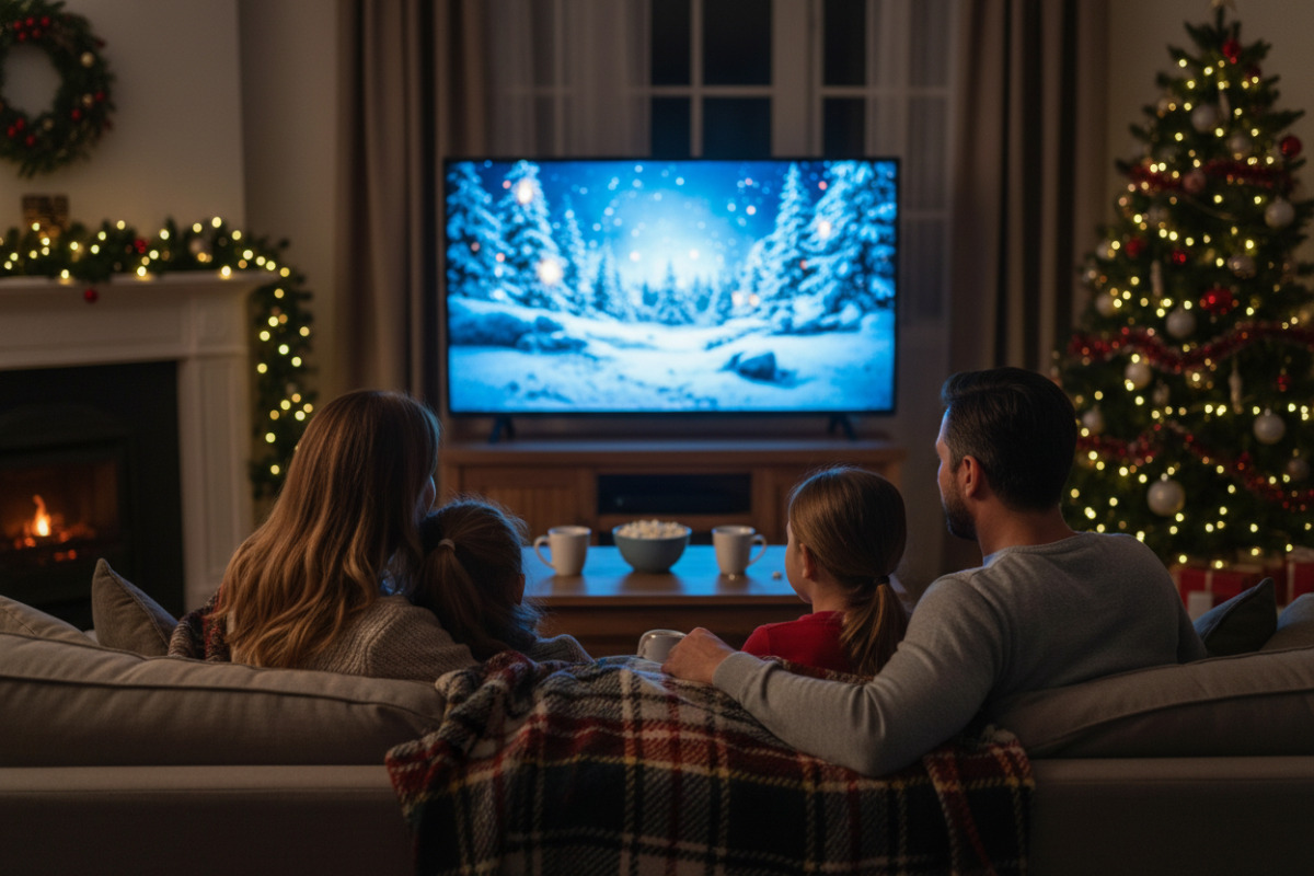 Сім’я дивиться зимовий фільм під пледом