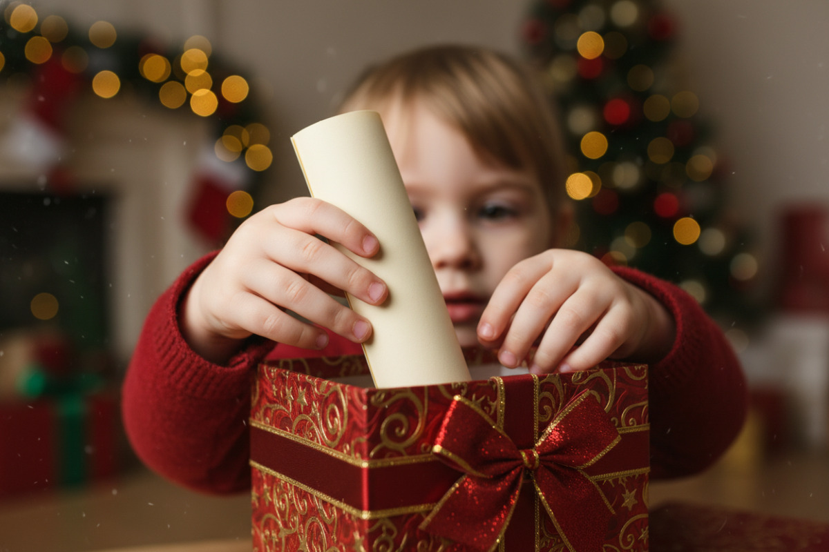 Дитина кладе записку з бажанням у святкову коробку
